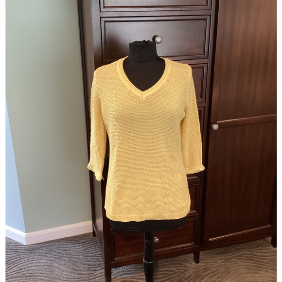 Talbot's Yellow Cotton Knit Sweater Tunic V Neck Textured Fringe Sleeve NWTS - Picture 1 of 6